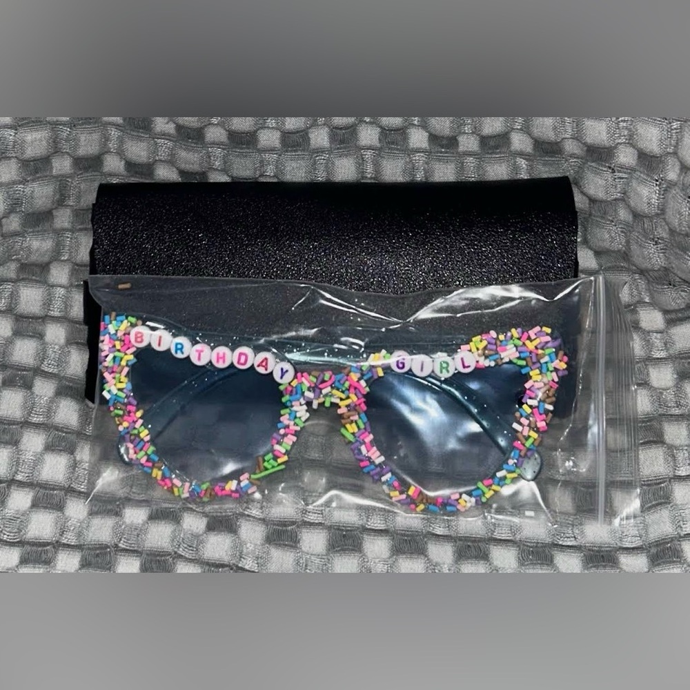 “Birthday Girl” Sprinkles Sunglasses with black protective case. NIB